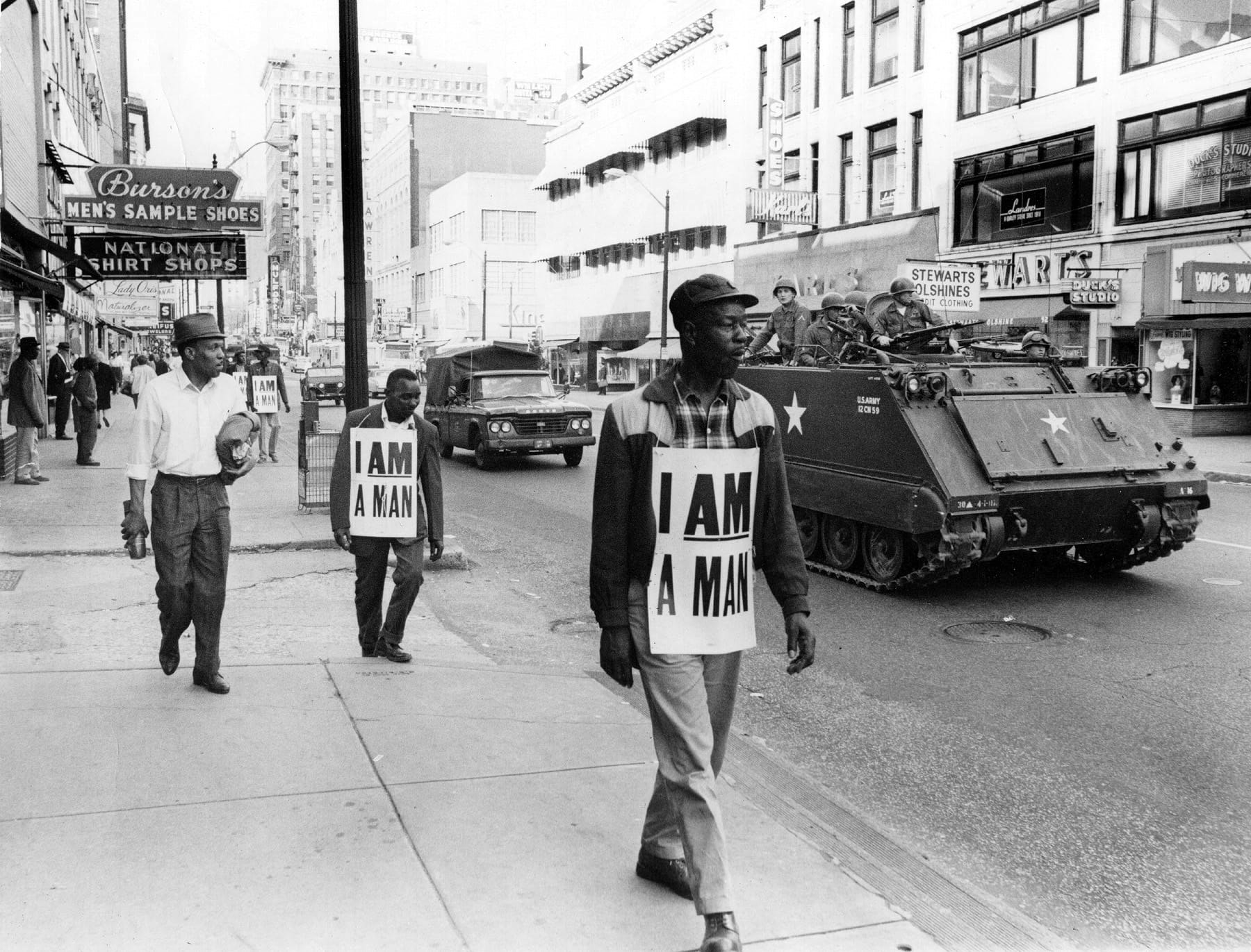 "I Am a Man" demonstration on Main Street, Memphis, with tanks.